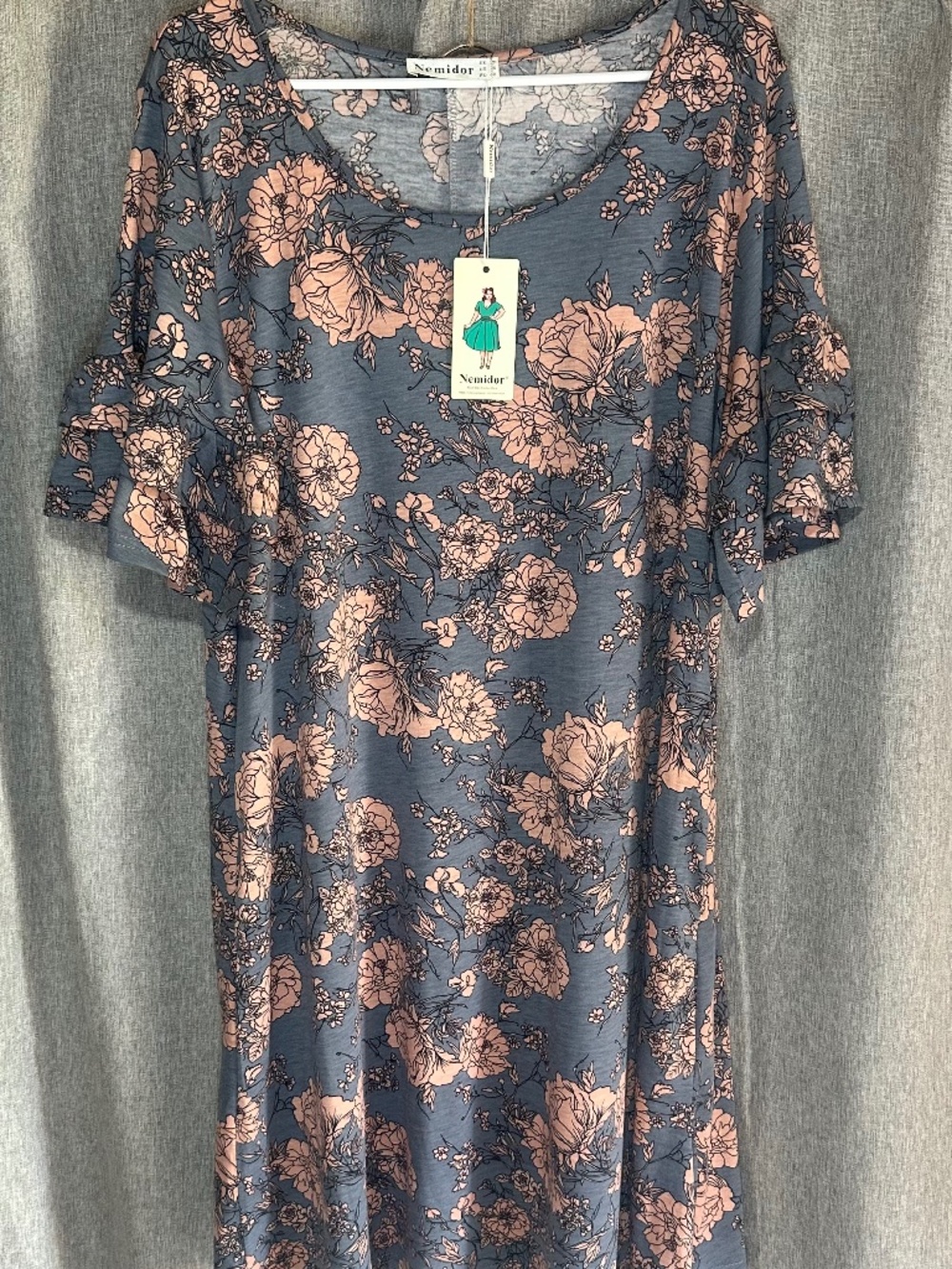 NWT NEMIDOR Slate Blue & Pink Floral Ruffle Sleeve Swing Dress - Plus Size 16